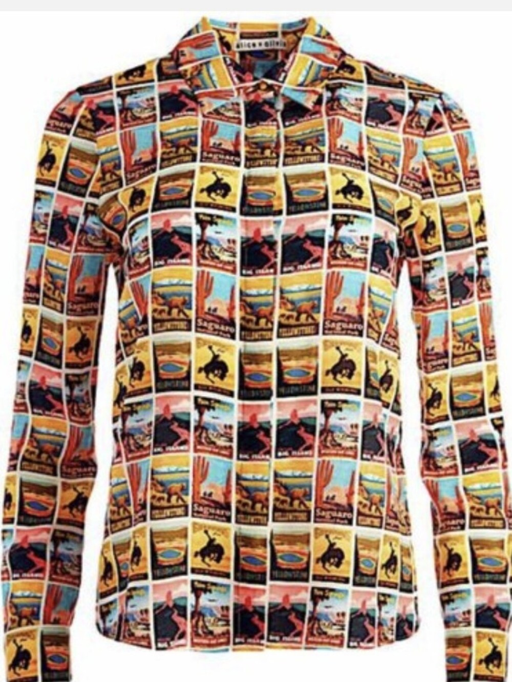 Alice + Olivia Sz M 100% SILK STAMP Vintage LOOK Poster Print Long-Sleeve Shirt